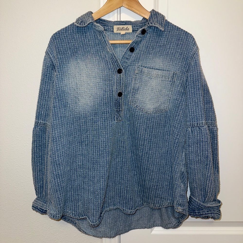 Listicle Blue Ribbed Denim Long Sleeve  Button Down